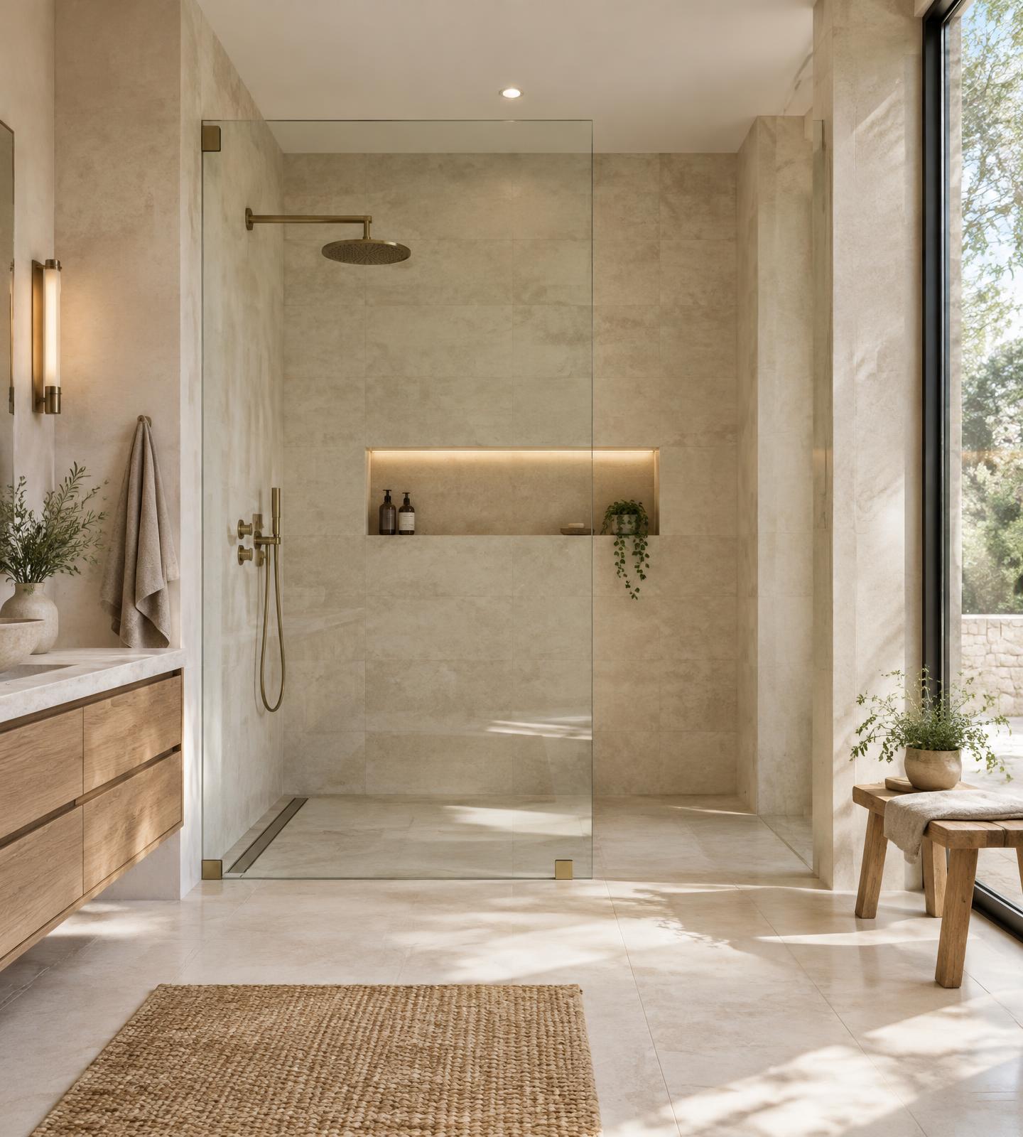 Luxury walk-in shower with frameless glass and rainfall showerhead